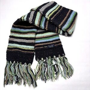American Eagle Handknit Wool Striped Scarf Blue Multi Color Tassels Y2K Boho 00s
